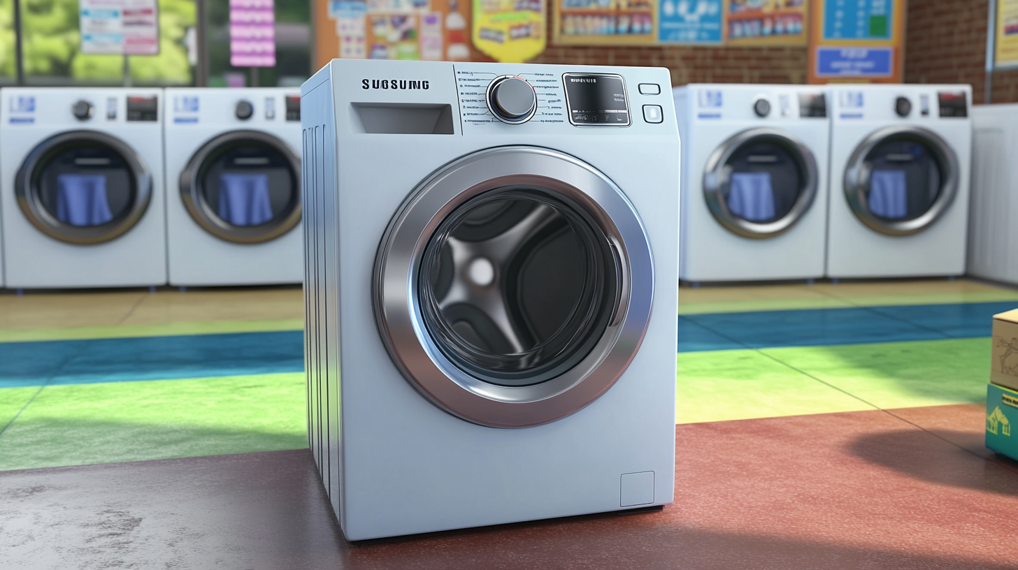 다양한 브랜드의 세탁기가 있는 활기차고 바쁜 세탁소 환경에서 독특한 삼성 세탁기가 두드러지는 모습