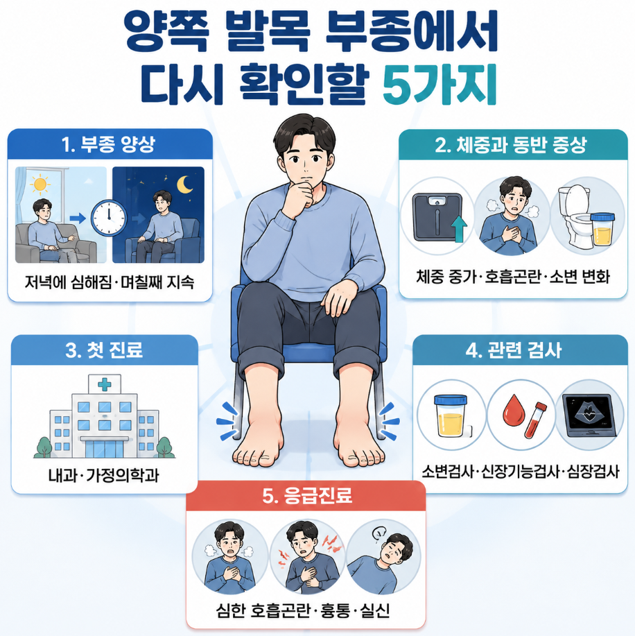 양쪽 발목 부종 원인 확인을 위한 5가지 핵심 정보와 진료&middot;검사&middot;응급 신호를 정리한 의료 인포그래픽