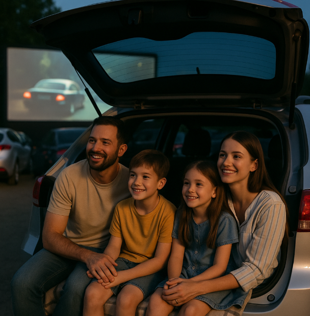 가족들과 자동차 극장에서 자동차 영화보는 사진