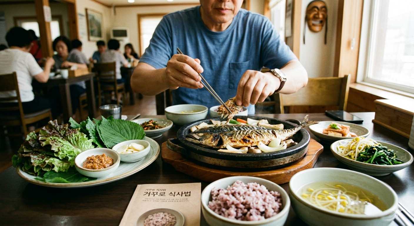 외식 메뉴로 삼겹살이나 생선구이를 선택했을 때 혈당 부담을 줄여주는 푸짐한 쌈채소와 나물 반찬이 있는 건강한 한식 상차림