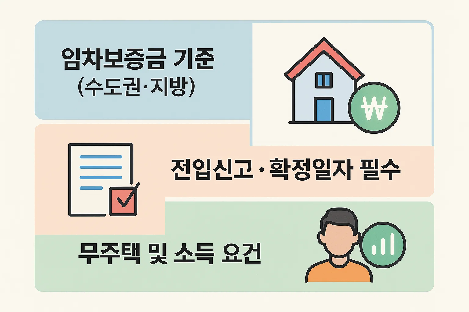 수도권·지방별 임차보증금 기준과 전입신고·확정일자 필요조건을 시각적으로 설명한 인포그래픽