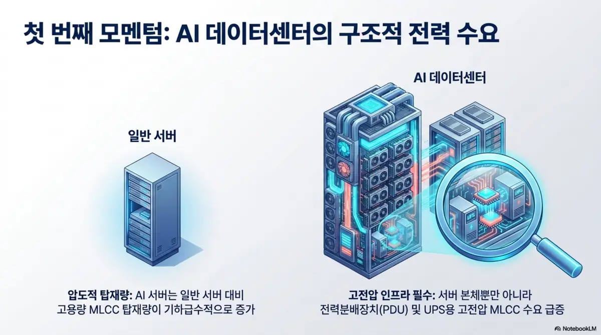 삼화콘덴서 주가 전망: AI 데이터센터의 구조적 전력 수요가 삼화콘덴서 MLCC 모멘텀으로 이어지는 과정을 보여주는 인포그래픽. AI 서버의 고용량 MLCC 탑재량 급증과 전력분배장치·UPS용 고전압 MLCC 수요 확대를 시각적으로 설명함