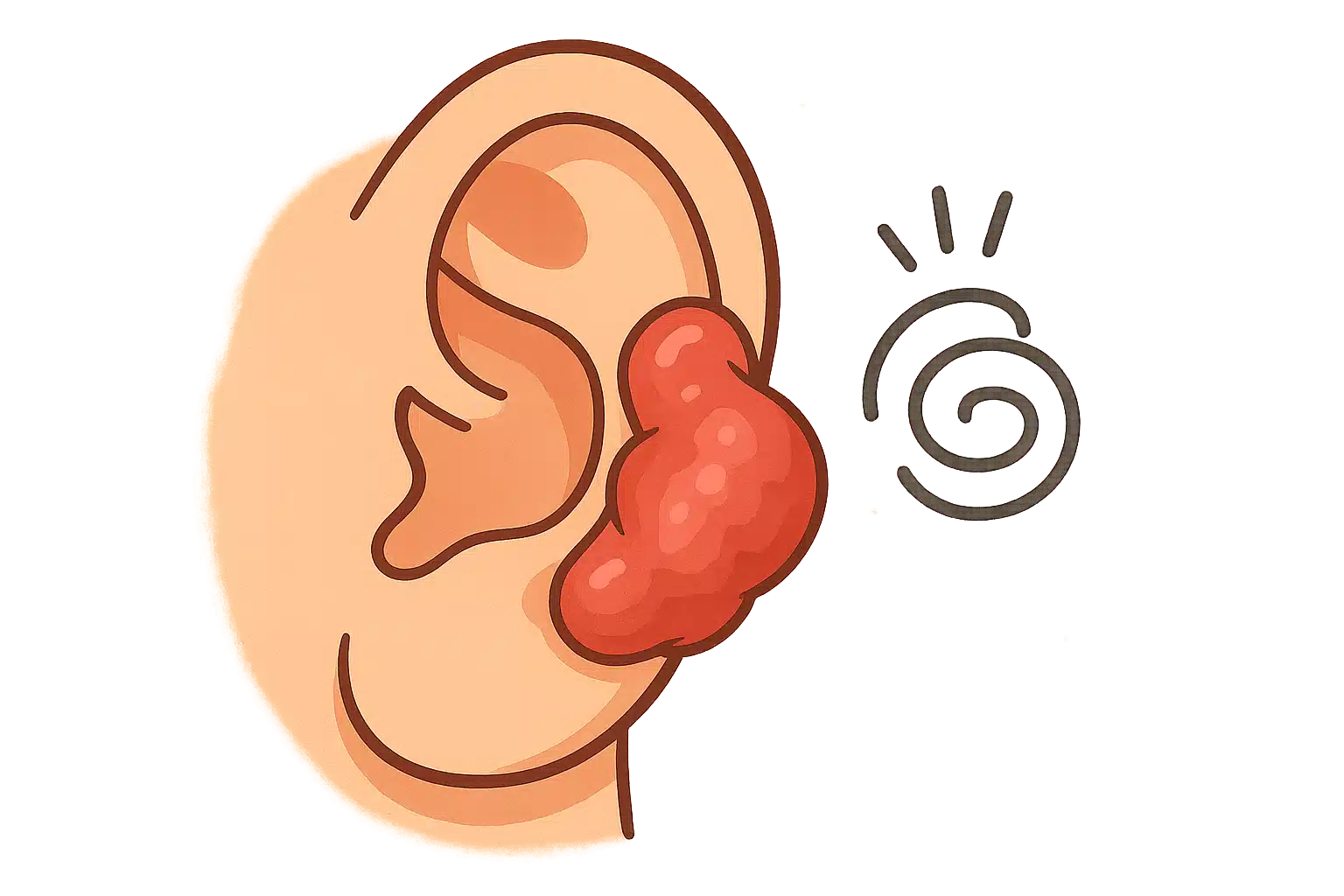 귀 피어싱 자리에서 붉고 단단하게 솟아오른 켈로이드