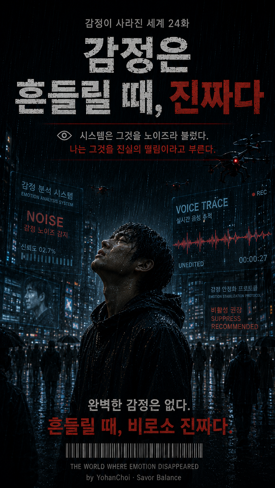 Vertical cover art for Episode 24 of the dystopian science fiction series The World Where Emotion Disappeared. In a rain-soaked futuristic city, a man stands beneath surveillance drones while an emotion-analysis system records his unedited, trembling voice as noise. Digital screens display a broken red voice waveform and recommend emotional suppression, while the man leaves his hesitation, interrupted breathing, and emotional instability unchanged. The image contrasts algorithmic emotional control with the human “Tremor of Truth,” suggesting that imperfect and uneven emotion can reveal what a system cannot fully understand.