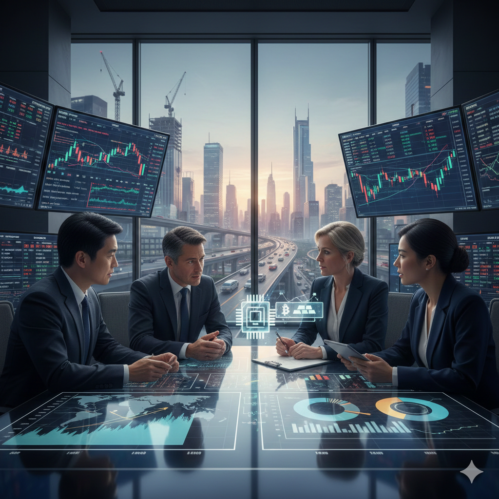 비즈니스 팀이 고층 사무실에서 홀로그램 차트와 비트코인&middot;경제 그래프를 보며 미래 시장 전략을 논의하는 전문적인 장면