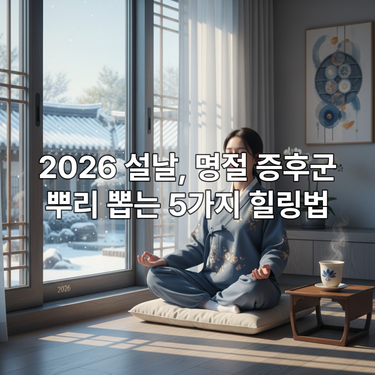 2026년 설날, 창가에서 차를 마시며 명상하는 인물의 평화로운 모습, 명절 증후군을 극복하고 자신을 돌보는 힐링의 순간을 상징합니다.