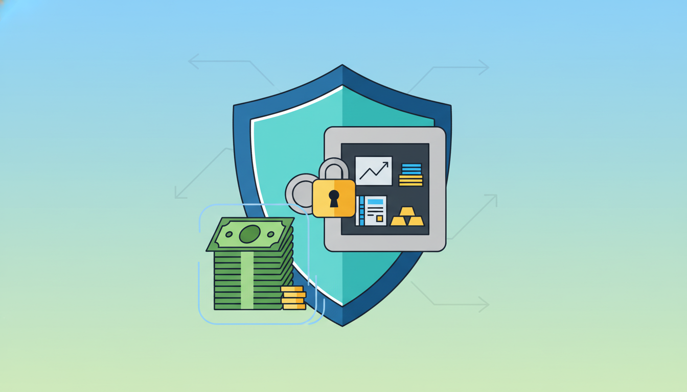 금융 상품의 안전성을 표현하는 이미지입니다. 한쪽에는 원금 보장을 의미하는 튼튼한 방패가 돈을 보호하고 있고, 다른 한쪽에는 안정적인 자산 투자를 상징하는 금고 또는 자물쇠가 걸린 자산이 있습니다. 플랫 디자인으로 표현되었습니다.