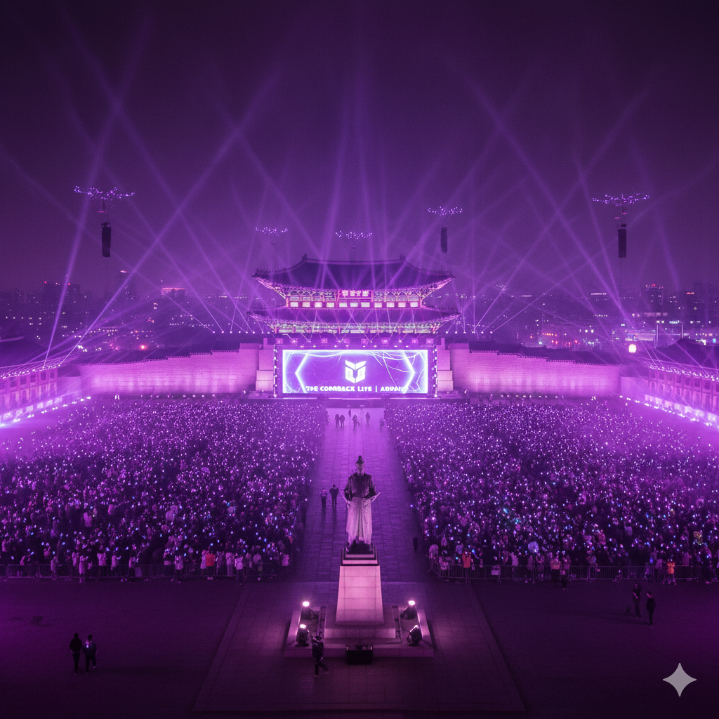 26년 BTS 공연이 펼쳐질 보랏빛 광화문 전경 수많은 인파와 경복궁 이순신 동사과 보랏빛들로 완성 된 이미지