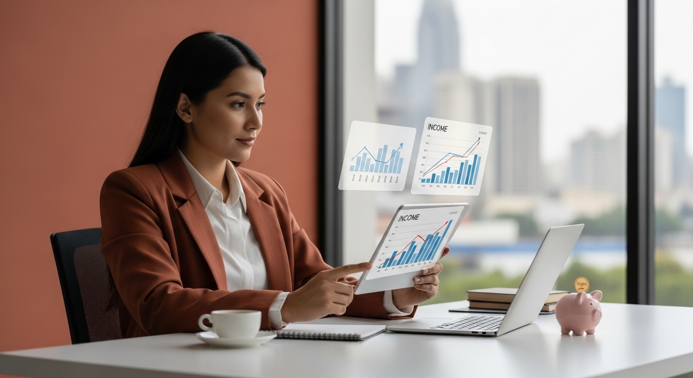 2025년 직장인이 노트북과 태블릿을 보며 패시브 인컴으로 재정적 자유를 계획하는 모습.