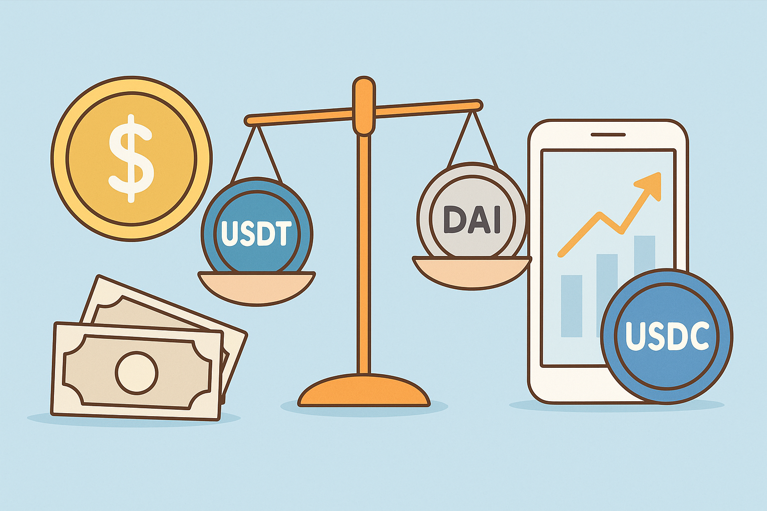 스테이블코인을 표현한 파스텔톤 벡터 일러스트로, USDT·DAI·USDC 코인 아이콘과 저울, 달러 지폐, 스마트폰 차트가 함께 배치된 이미지.
