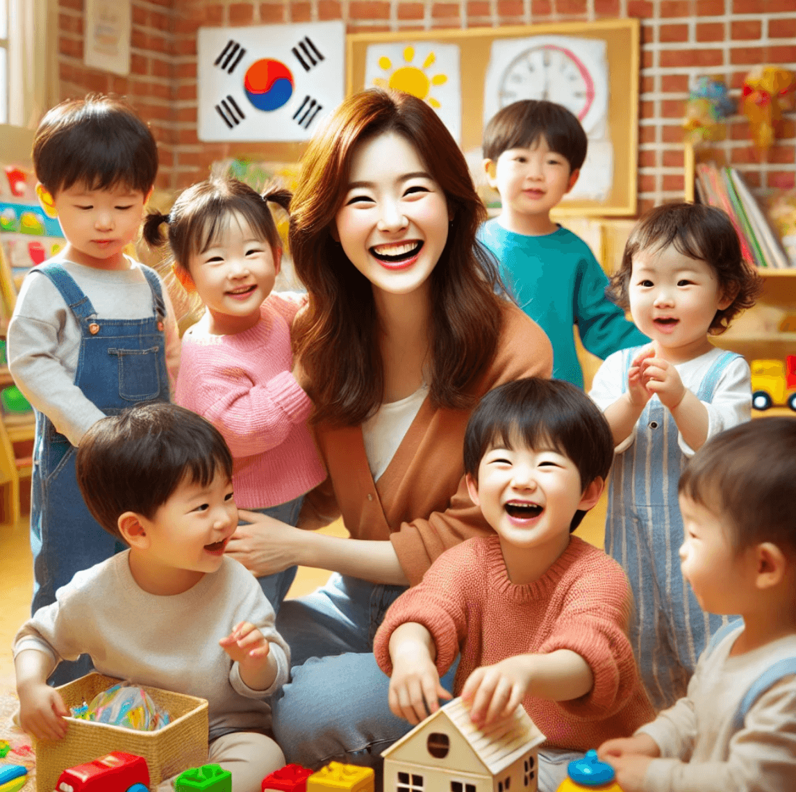 영유아와 함께 웃는 영유아교사 사진