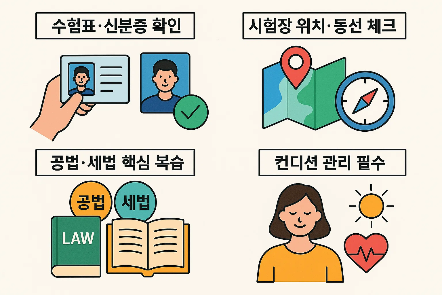 공인중개사 시험 당일 필요한 신분증·수험표 확인, 시험장 위치·동선 체크, 공법·세법 핵심 복습, 컨디션 관리 등 필수 준비사항을 정리한 점검용 체크리스트 이미지