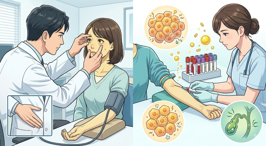 의료진이 환자의 눈 흰자와 복부를 진찰하고 정맥 채혈을 통해 빌리루빈 및 간&middot;담도 관련 변화를 조사하는 검사 과정 메디컬 일러스트