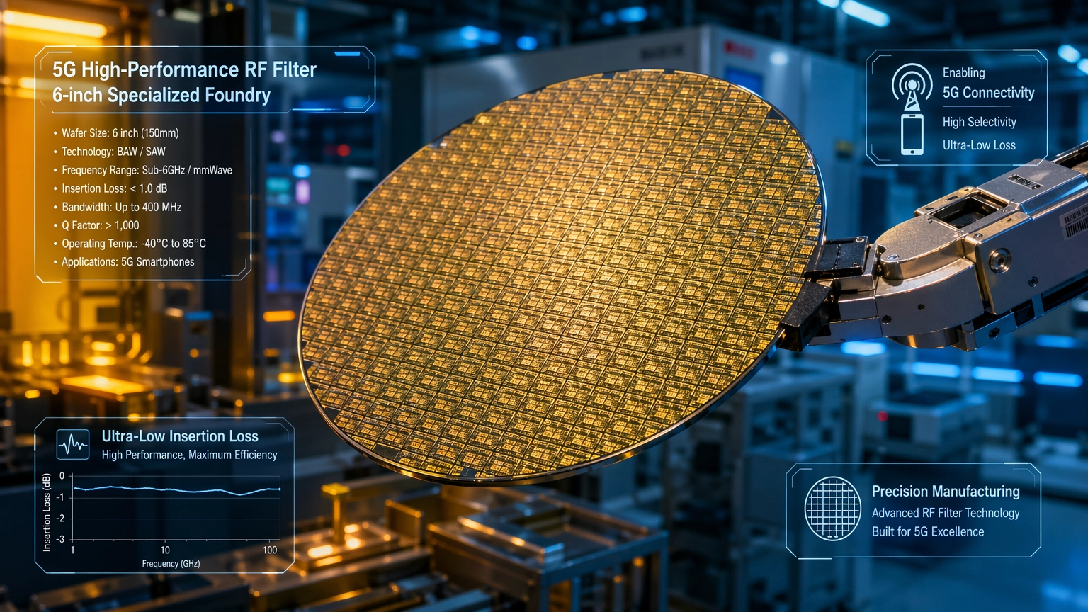 6인치(150mm) 웨이퍼 기반의 전용 파운드리 라인에서 생산되는 5G 스마트폰용 고성능 RF 필터 기술을 시각화한 이미지입니다.
이미지 주요 특징:
6인치 특화 파운드리: RF 필터 생산에 최적화된 6인치 웨이퍼 공정을 로봇 팔이 정밀하게 핸들링하는 모습을 담았습니다.
고밀도 칩셋 패턴: 웨이퍼 표면에 수천 개의 미세한 RF 필터(BAW/SAW)가 정교하게 패턴화되어 반짝이는 모습을 통해 고도화된 미세 공정 기술력을 강조했습니다.
5G 핵심 성능 시각화: 디지털 오버레이를 통해 '초저손실(Ultra-Low Insertion Loss)', '고선택도(High Selectivity)' 등 5G 통신 품질을 결정짓는 핵심 기술 지표를 표현했습니다.
첨단 제조 환경: 배경에 배치된 노광 및 증착 장비와 클린룸 조명을 통해 세계적 수준의 반도체 제조 환경을 묘사했습니다.