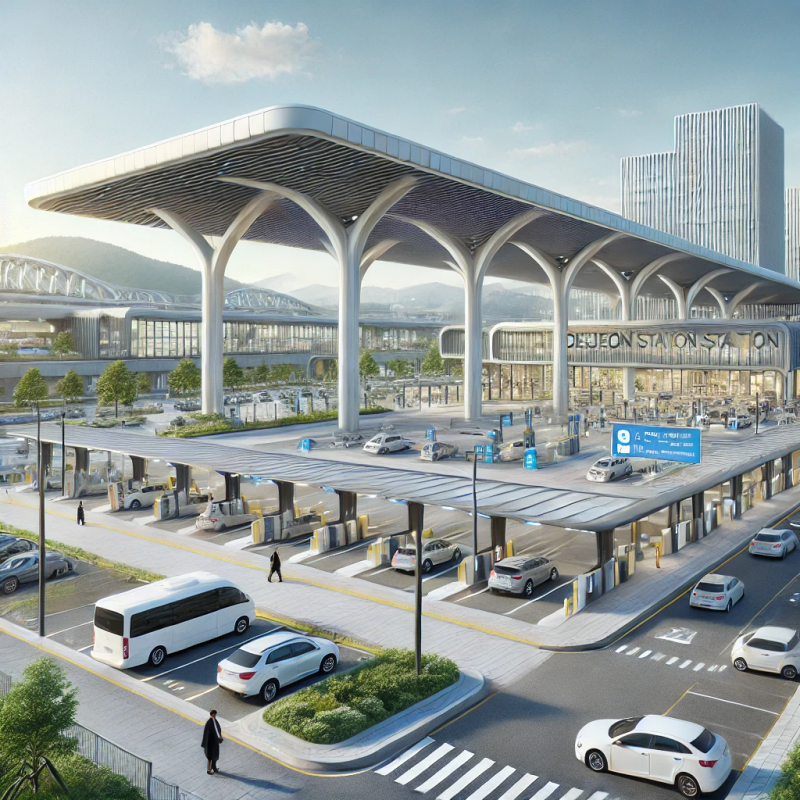 대전역 서광장 공영 주차장의 깔끔한 시설과 정돈된 주차 공간을 보여주는 사실적인 묘사