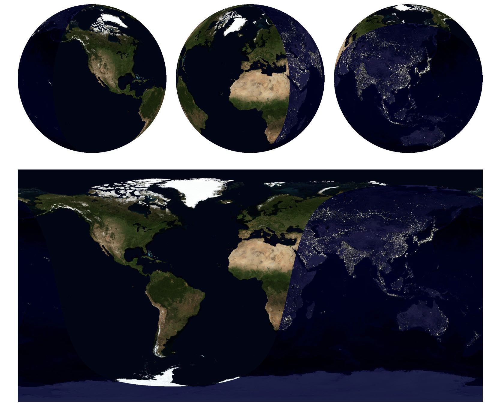 figure of World map and its projection on a spherical surface, which is viewed from different angles