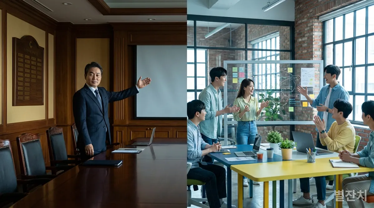 중앙집권적 의사결정과 분권형 협업 의사결정을 대비하는 현대 한국 직장 풍경.