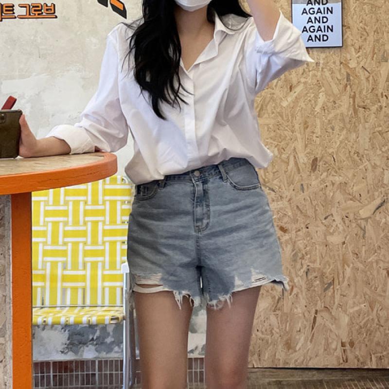 하비청바지 빅사이즈 A라인 청반바지 하이웨스트 데미지 데님쇼츠