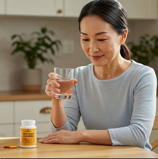 수용성 커큐민 효능, 수용성 커큐민 보충제 복용하는 중년 여성 사진