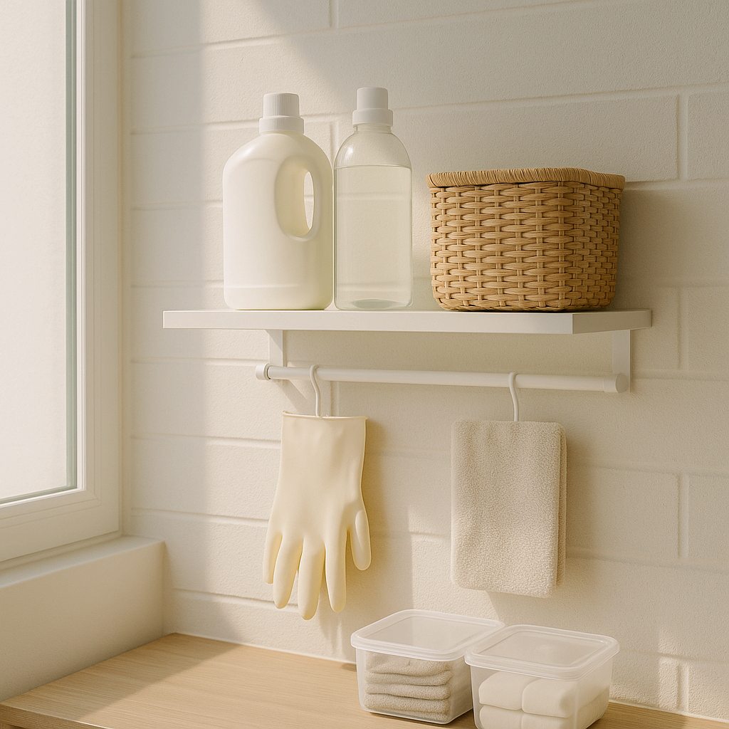 벽면 선반과 행거로 정리된 베란다 용품