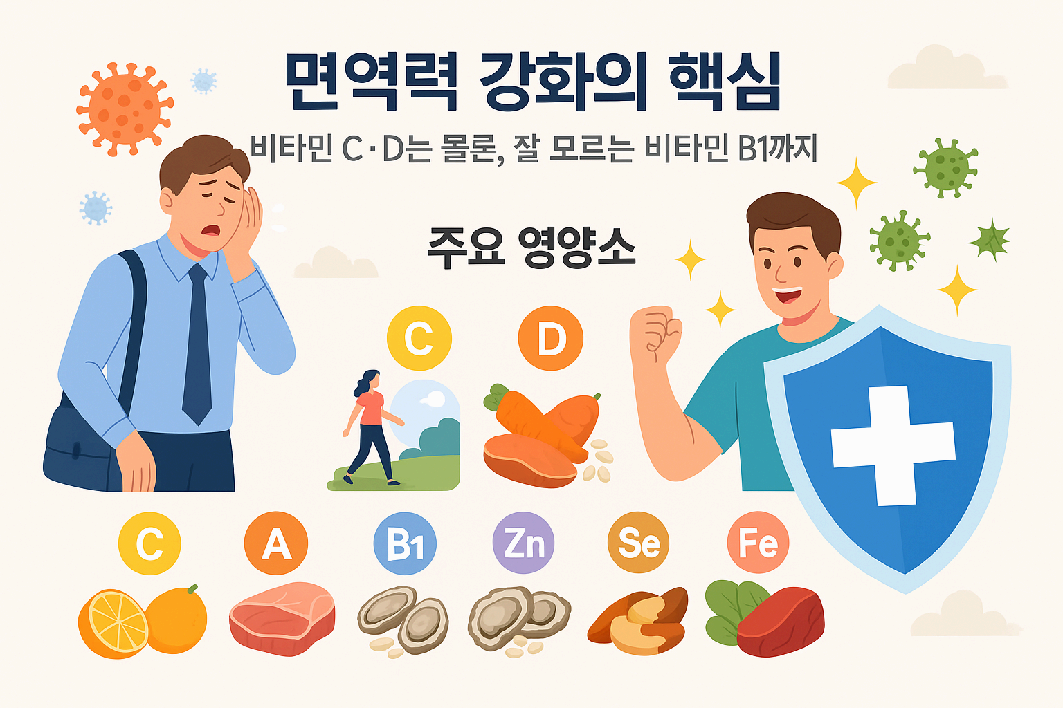 "면역력 강화 인포그래픽: 피곤한 직장인, 방패로 세균을 막는 그림, 주변에 비타민 C(오렌지), 비타민 D(햇빛), 비타민 A(당근), 비타민 B1(돼지고기·현미), 아연(굴), 셀레늄(브라질너트), 철분(시금치), 하단에 균형 잡힌 식단 이미지가 배치된 일러스트"