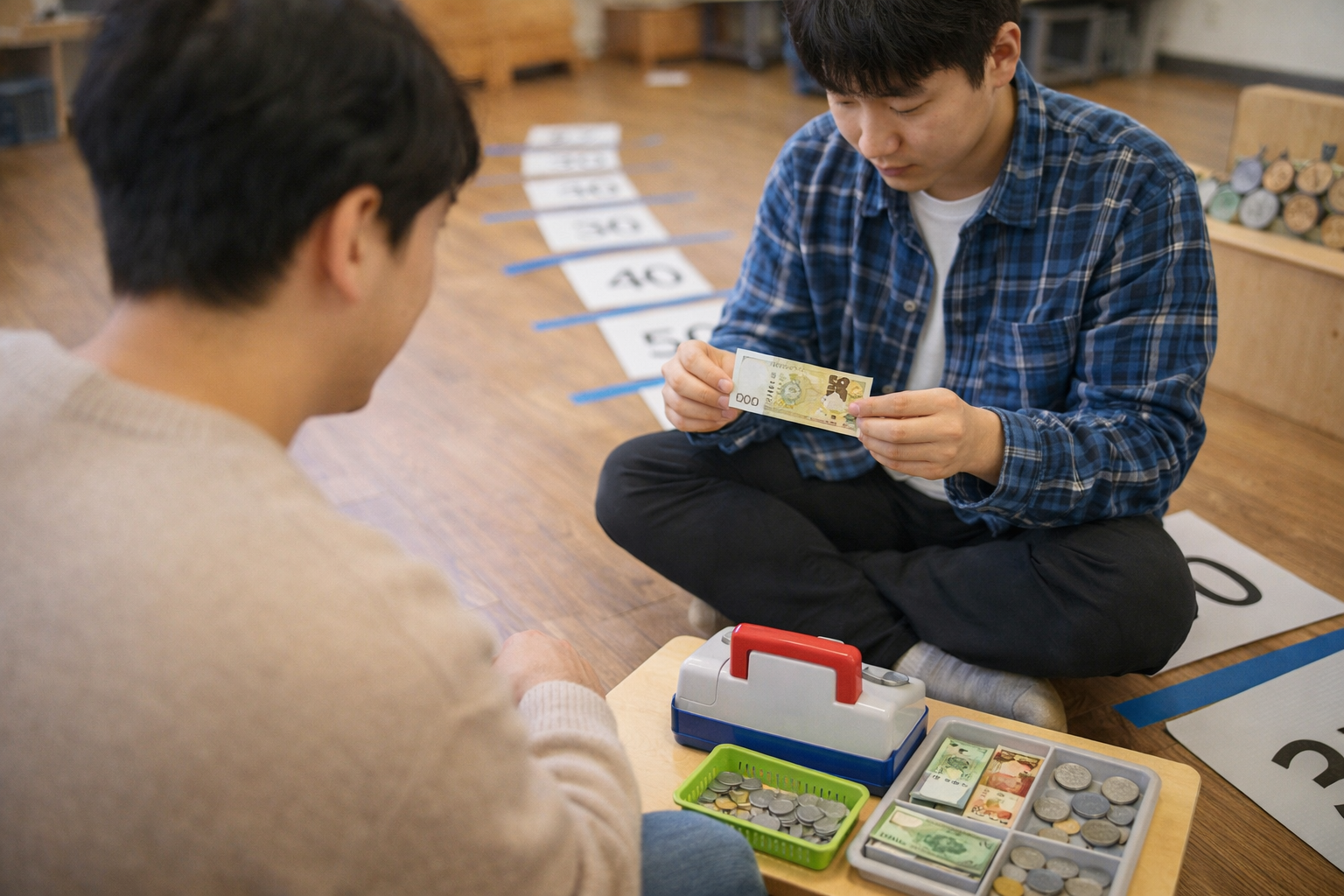 모형 화폐를 가지고 공부하는 모습