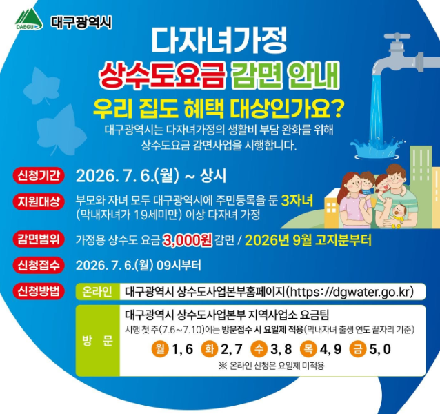 대구 다자녀가정 상수도요금 감면 신청 방법 총정리