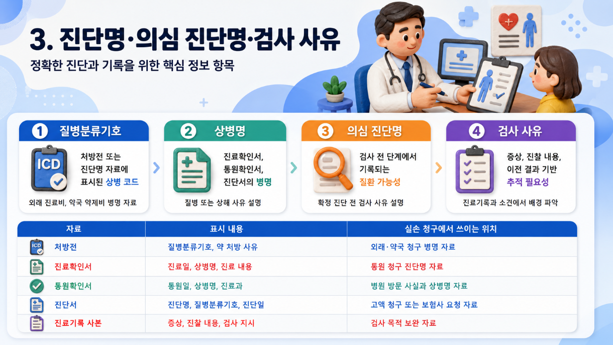 클레이 애니메이션 스타일의 16:9 인포그래픽으로, 질병분류기호&middot;상병명&middot;의심 진단명&middot;검사 사유와 처방전&middot;진료확인서&middot;진단서 활용 위치를 설명한 이미지