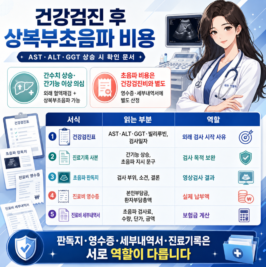 건강검진 후 AST·ALT·GGT 상승 시 상복부초음파 비용과 판독지·영수증·세부내역서 역할을 정리한 의료 인포그래픽