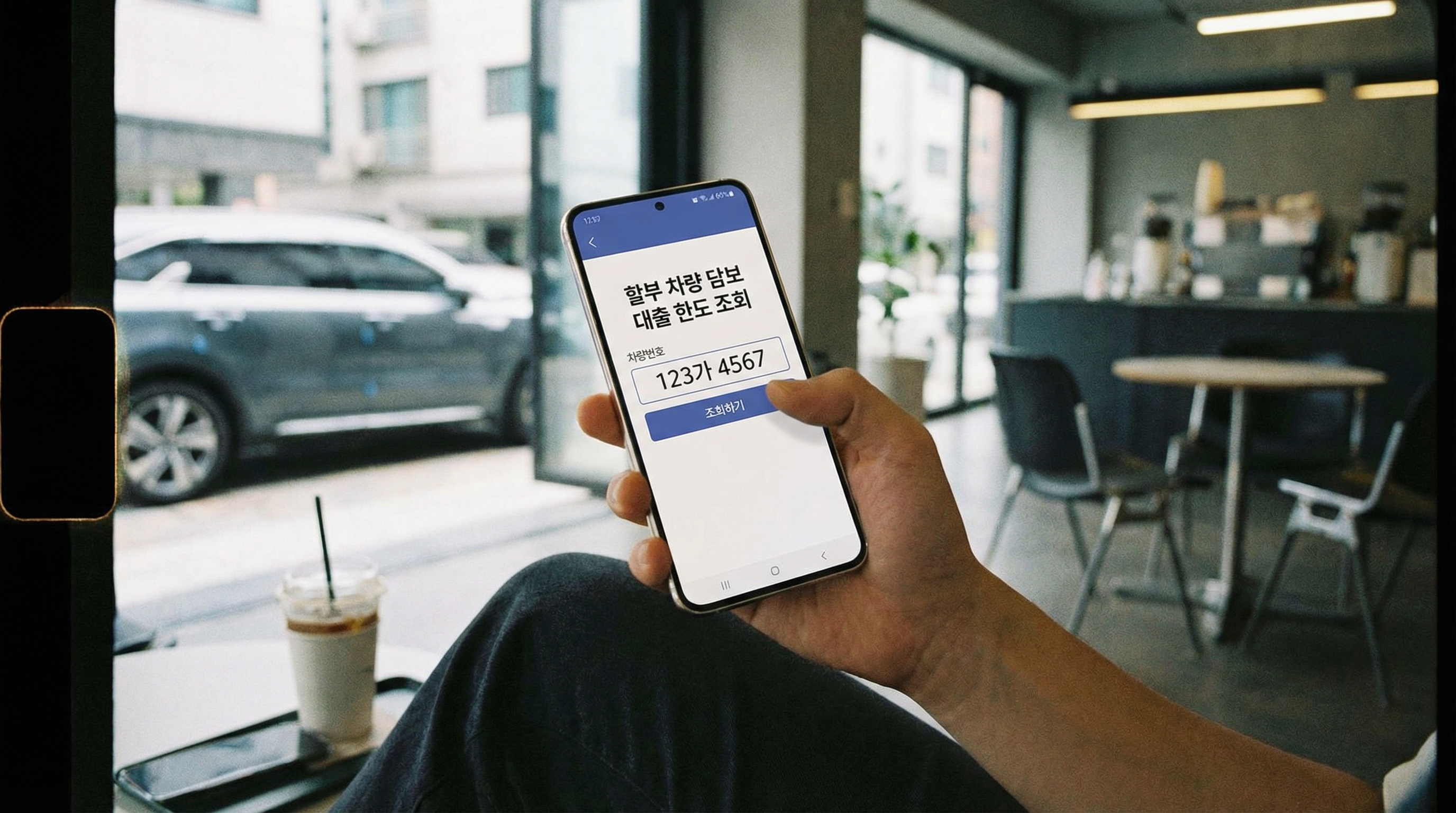 스마트폰으로 차량 번호를 입력하여 할부 차량 담보 대출 한도를 간편하게 조회하는 모습