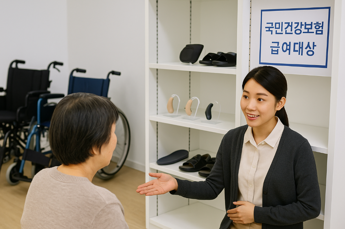 등록된 보조기기 전문 판매점 내부&amp;#44; 휠체어와 보청기 샘플이 정돈된 선반에 진열되어 있고&amp;#44; 점원이 고객에게 제품 설명을 하는 장면
