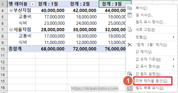 피벗 형태 바꾸기(클래식 레이아웃) - 옵션