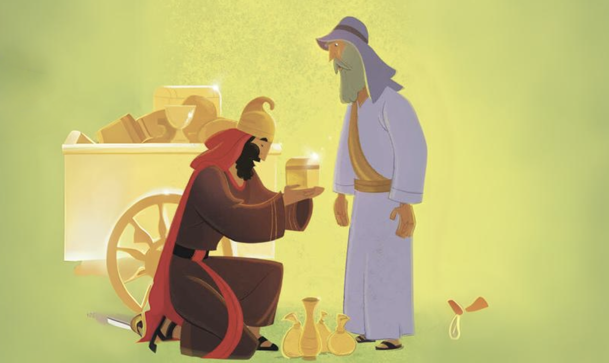 엘리사에게 선물을 바치는 나아만 장군