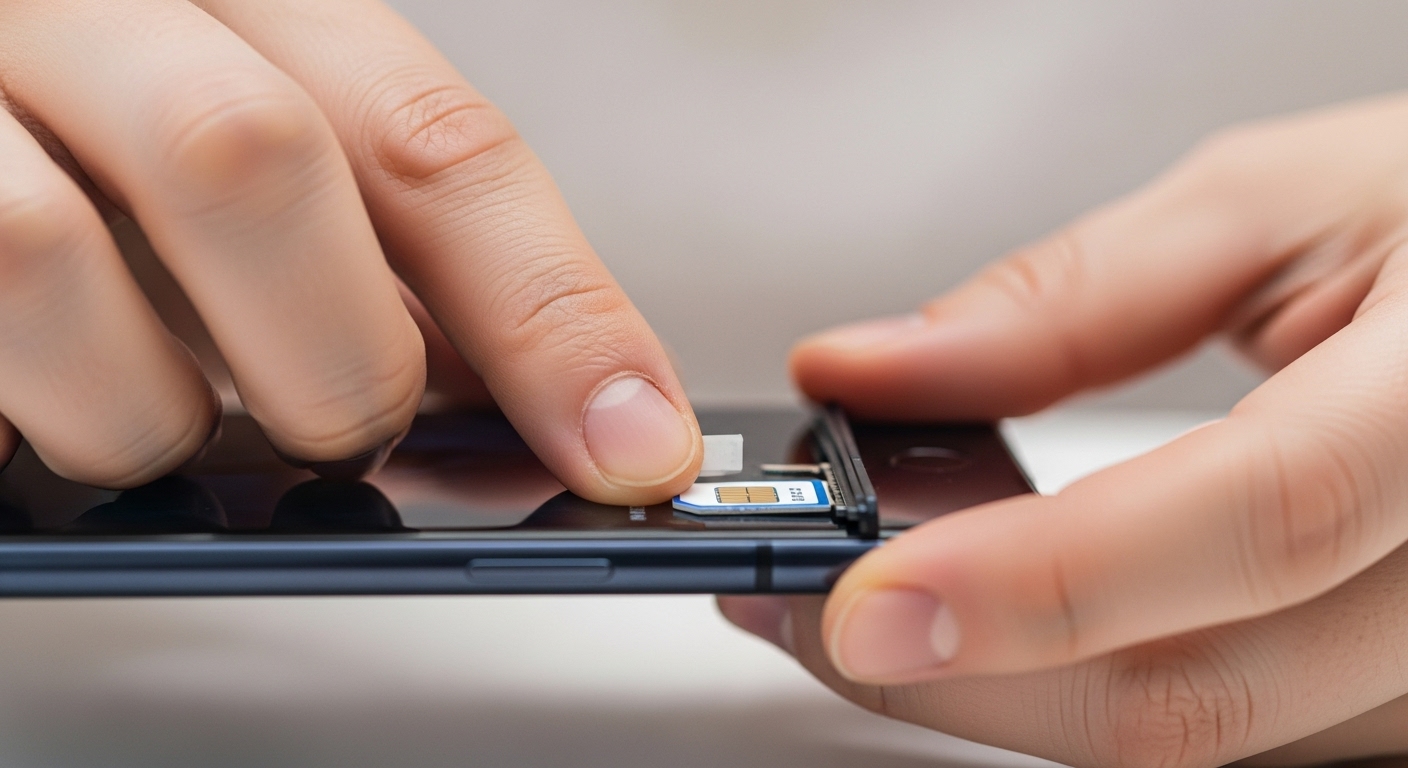 깔끔한 배경에서 한 사람이 새 KT 유심 카드를 스마트폰 유심 트레이에 조심스럽게 삽입하는 모습.