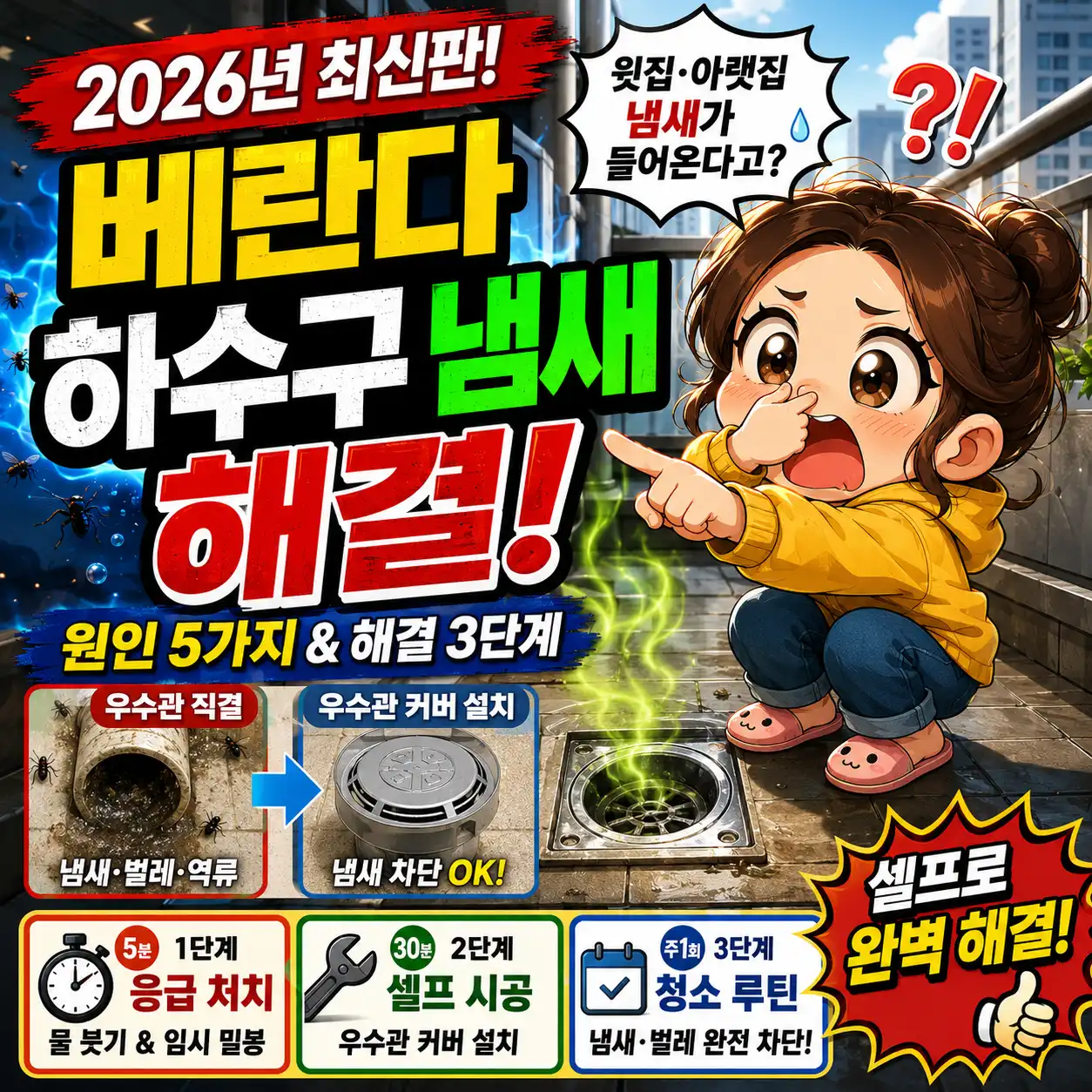 2026년 베란다 하수구 냄새 원인과 셀프 해결법을 설명하는 치비 스타일 유튜브 썸네일, 배수구 악취와 우수관 커버 설치, 응급 처치 및 청소 루틴을 강조한 이미지