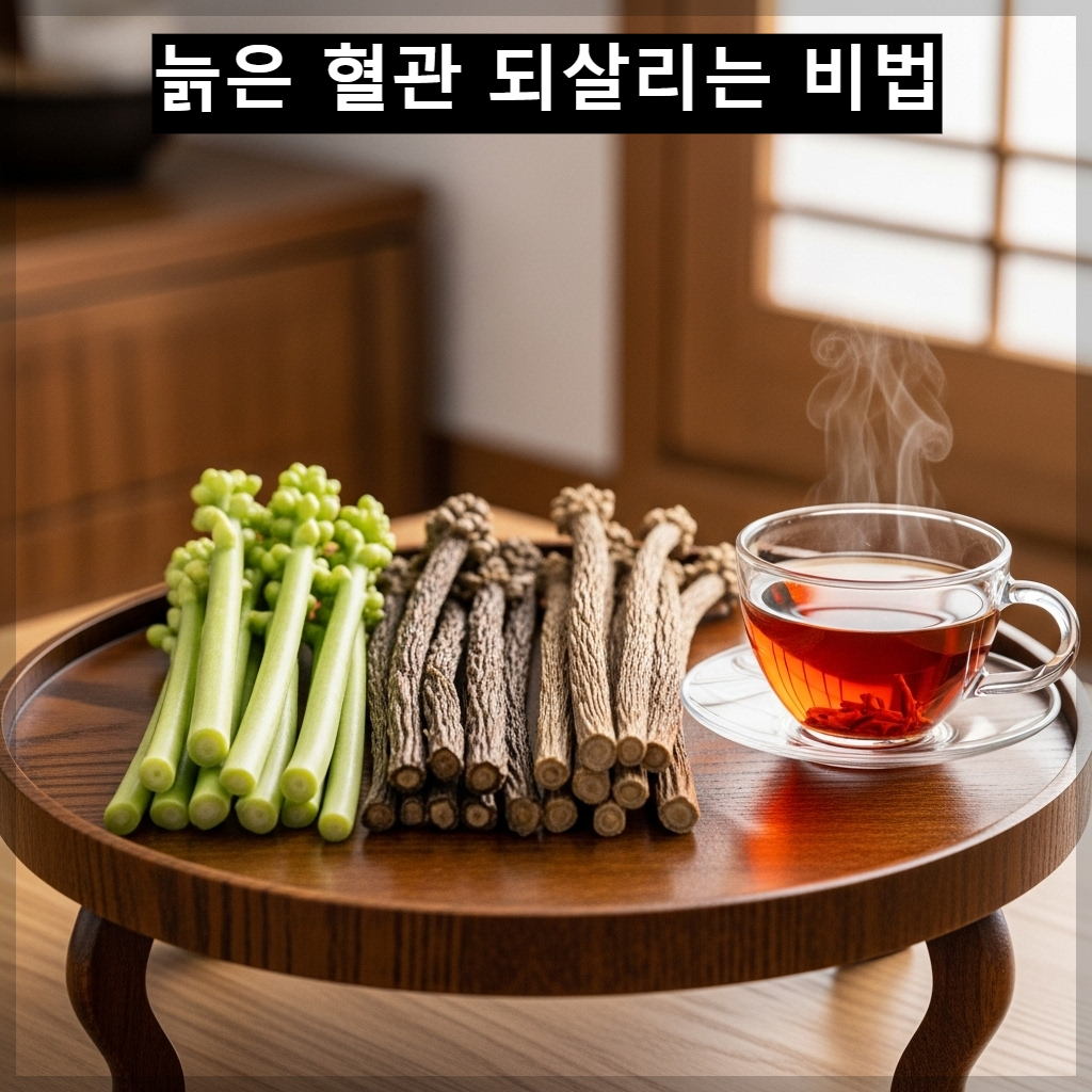 청정한 바닷가 근처에서 자라난 해죽순의 생생한 모습과 정갈하게 달여진 진한 해죽순 차 한 잔이 놓인 건강한 이미지