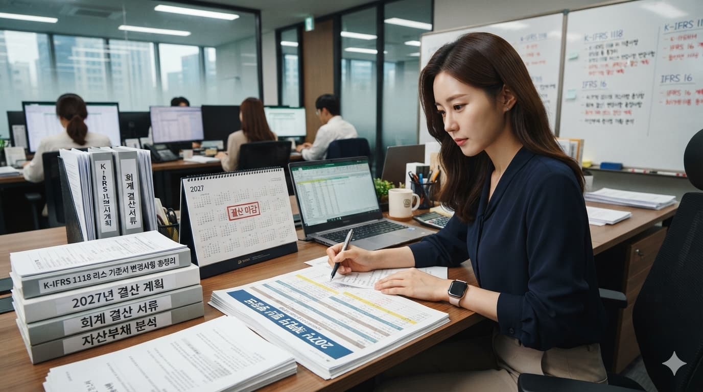 K-IFRS 1118 변경사항 총정리를 위해 결산 일정을 점검하는 재무팀 책상