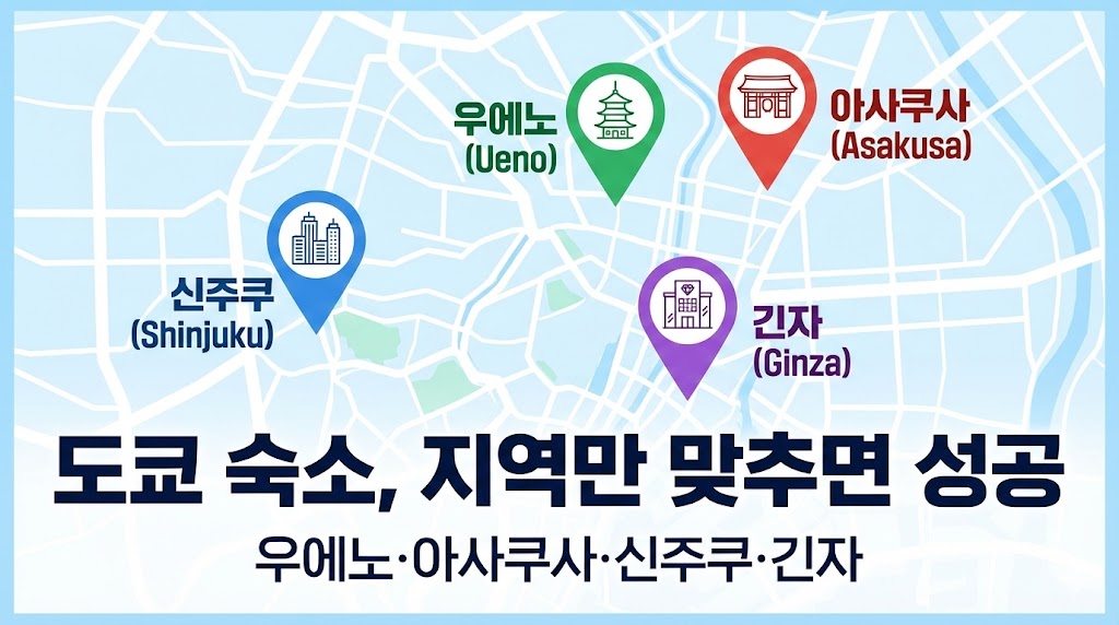 도쿄 숙소 지역 추천 2026 최신우에노·아사쿠사·신주쿠·긴자 목적별 비교 TOP4