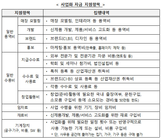 사업화 자금 지원항목