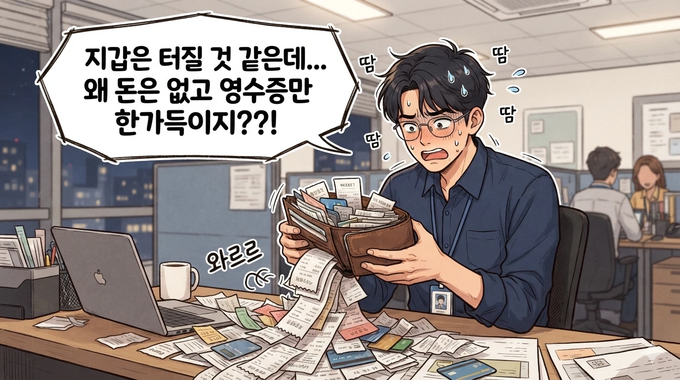 영수증이 쏟아져 나오는 지갑을 보며 당황해하는 만화 캐릭터와 말풍선이 담긴 가로형 웹툰 일러스트