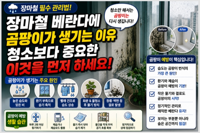 장마철 베란다에 곰팡이가 발생하는 원인을 설명하는 이미지