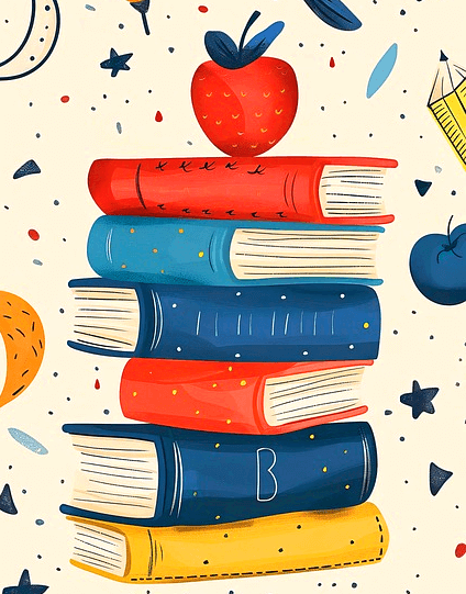 6권의 두꺼운 책들이 높이 쌓여있다. 노란색, 빨간색, 파란색 책들이다. 책 맨 위에는 빨간 사과가 놓여있다.