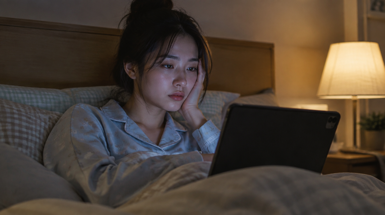 늦은 밤 침대에서 태블릿을 보는 피곤한 여성, 잠들기 싫은 마음