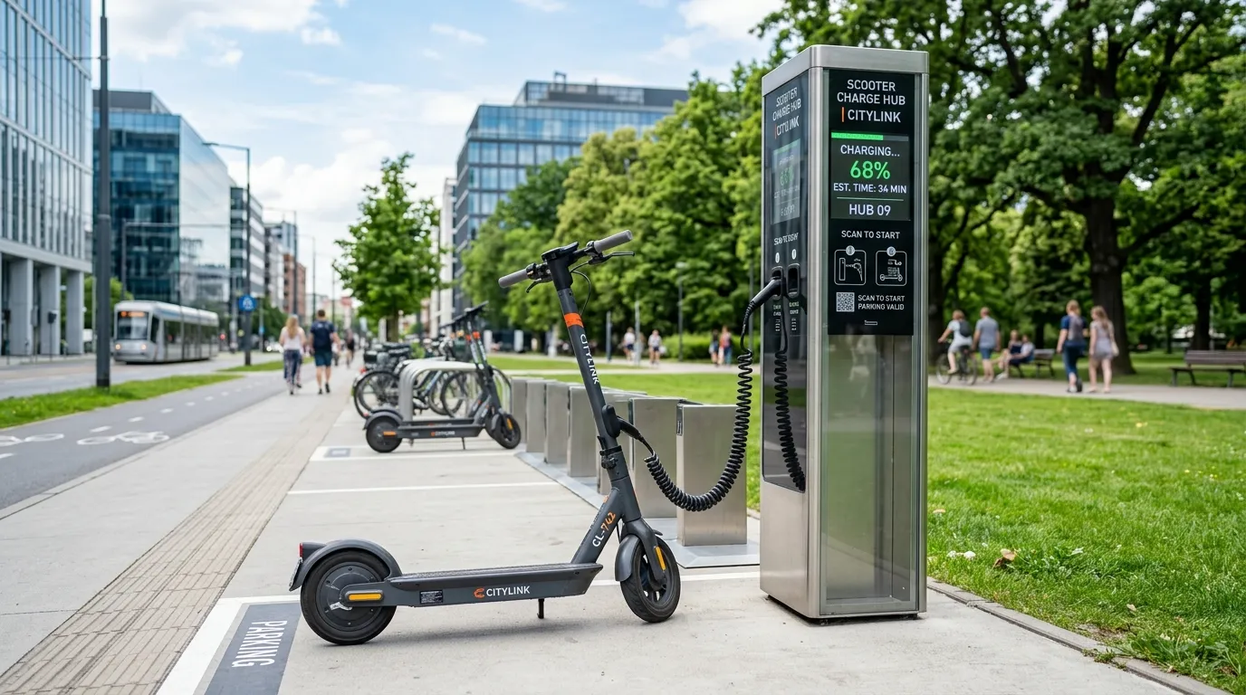 충전소에 세워진 전동 킥보드와 충전 케이블