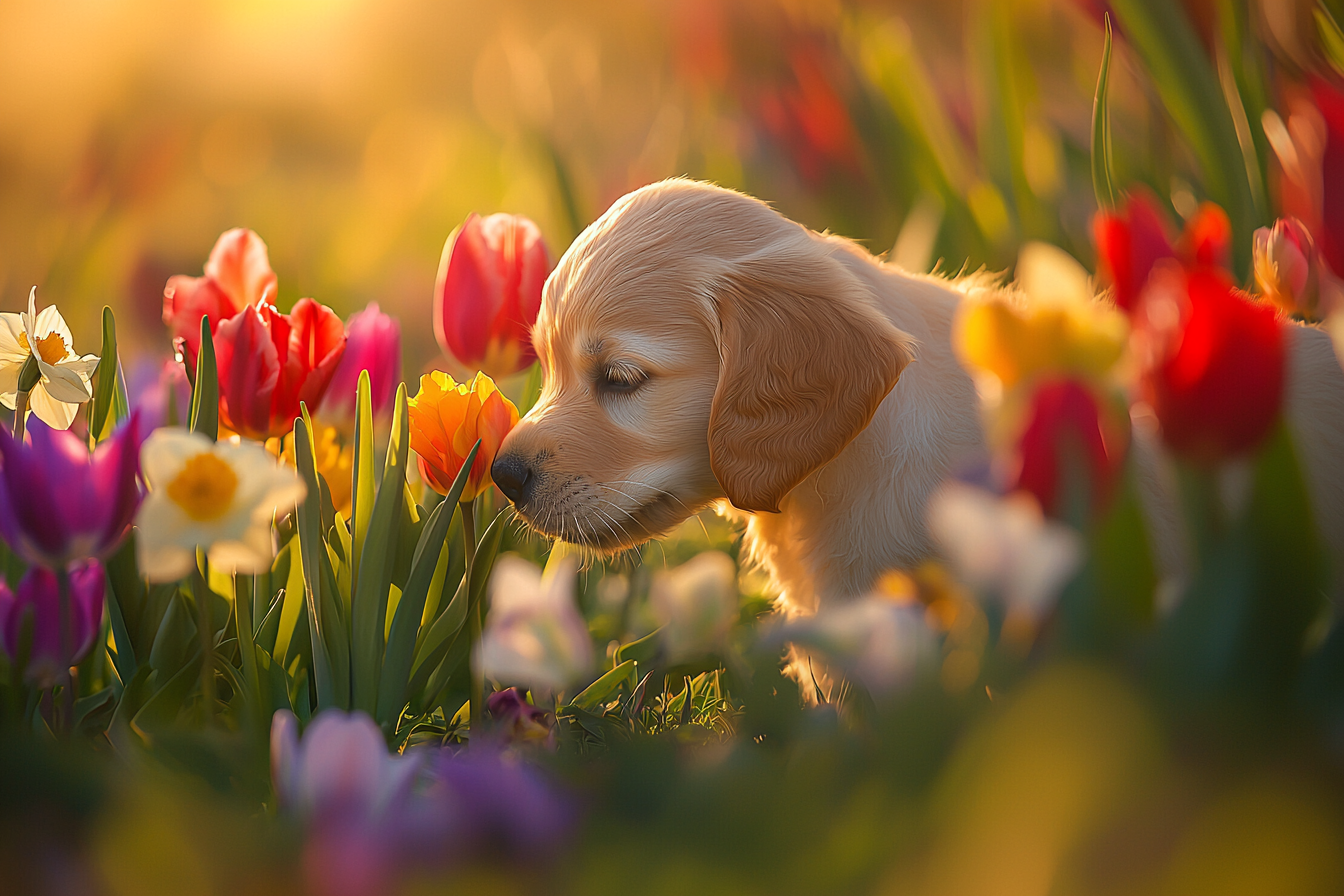 봄꽃 냄새를 맡고 있는 골든 리트리버 강아지