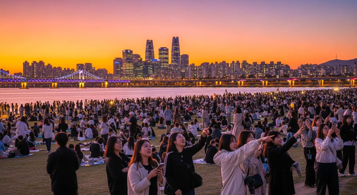 2025년 여의도 한강공원 이벤트 광장에 드론쇼를 보기 위해 모인 시민들의 활기찬 모습.