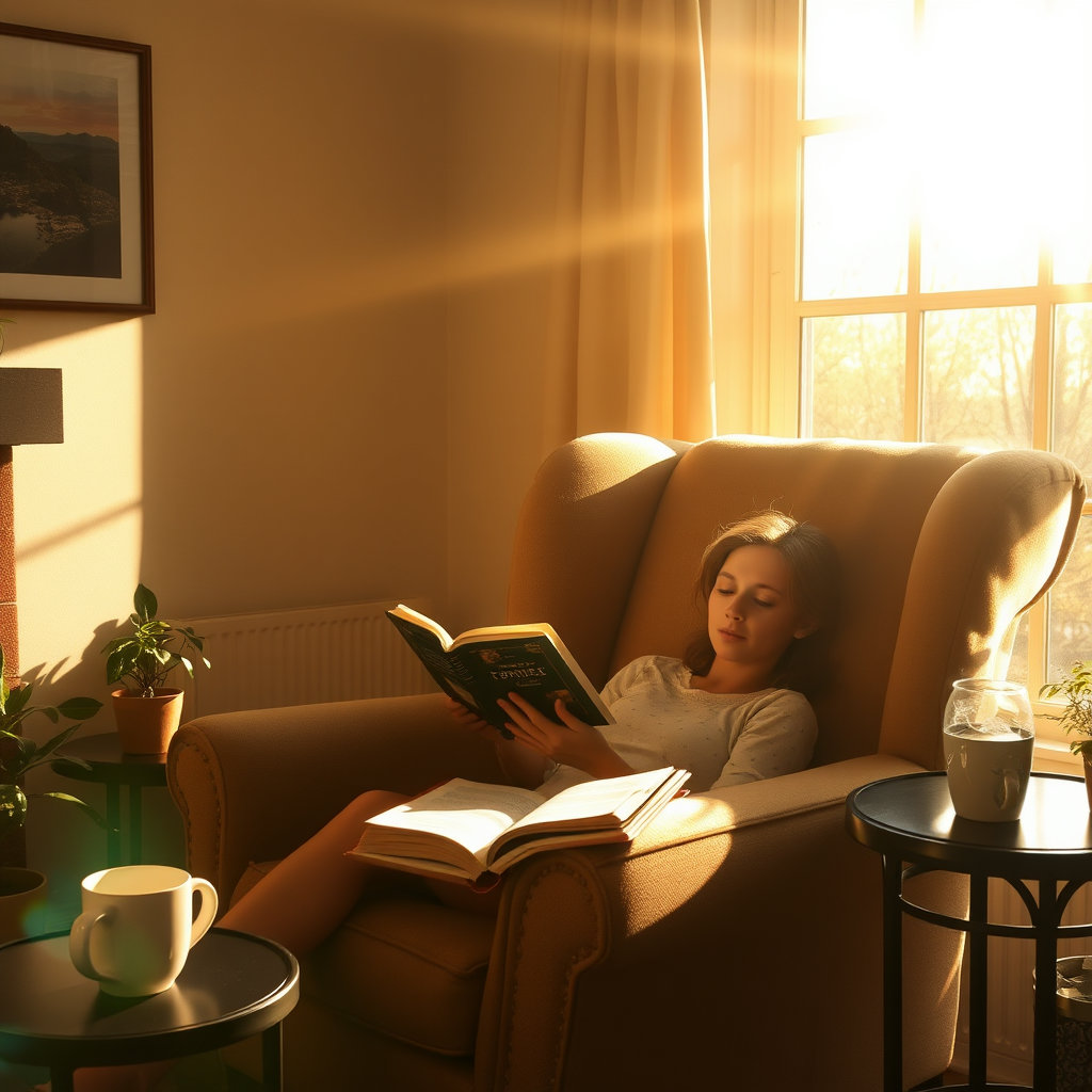 아침 햇살을 받으며 독서하고 있는 모습
