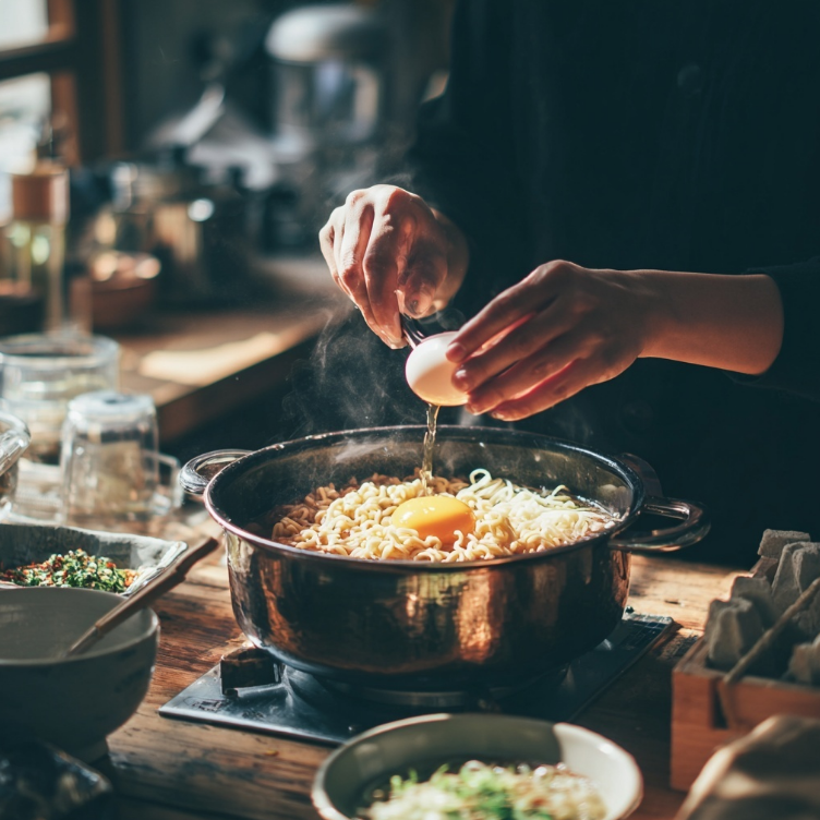 라면 끓는 중 계란 넣는 모습
