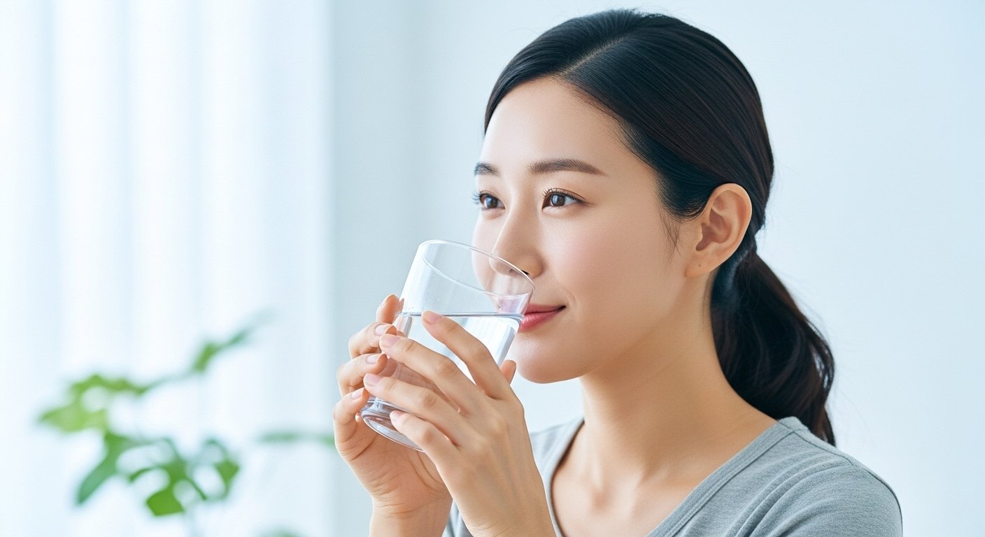 물 한잔을 마시는 한국인 여성 클로즈업