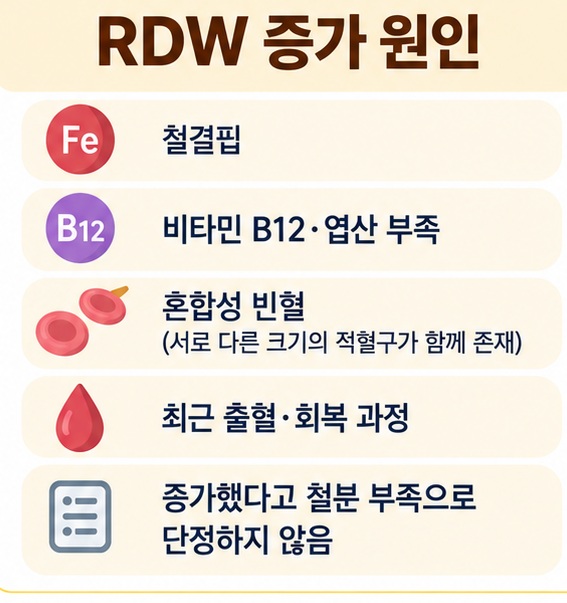 철결핍 비타민 B12 엽산 부족 혼합성 빈혈 출혈 회복 과정에서 RDW가 증가할 수 있음을 보여주는 이미지
